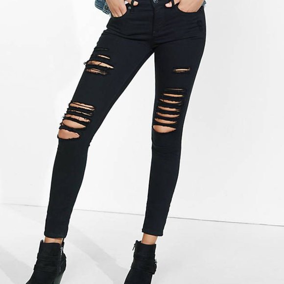 Express Denim - Black Mid Rise Distressed Stretch Jean Legging